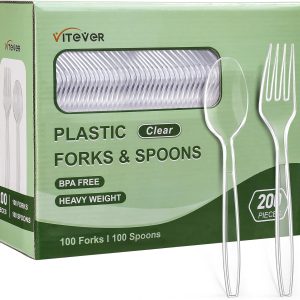 [200 Count] Disposable Plastic Silverware, Heavy Duty Forks and Spoons Set, Durable Plastic Utensils Cutlery Set for for Parties, Picnics, Big Event, Daily Use - Bpa free