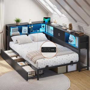 DICTAC Corner Bed Frame with Bookcase Storage and Led Lights Twin XL Metal Platform Bed Frame with Storage Drawers & Charging Station Twin XL Daybed for Living Room,Bedroom and Guest Room,Black