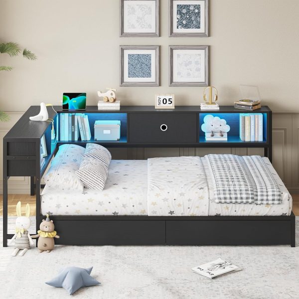 DICTAC Corner Bed Frame with Bookcase Storage and Led Lights Twin XL Metal Platform Bed Frame with Storage Drawers & Charging Station Twin XL Daybed for Living Room,Bedroom and Guest Room,Black - Image 2