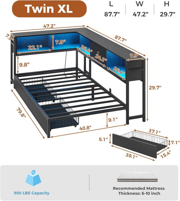 DICTAC Corner Bed Frame with Bookcase Storage and Led Lights Twin XL Metal Platform Bed Frame with Storage Drawers & Charging Station Twin XL Daybed for Living Room,Bedroom and Guest Room,Black - Image 3
