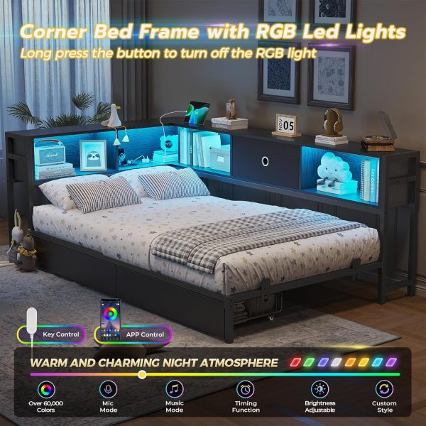 DICTAC Corner Bed Frame with Bookcase Storage and Led Lights Twin XL Metal Platform Bed Frame with Storage Drawers & Charging Station Twin XL Daybed for Living Room,Bedroom and Guest Room,Black - Image 4