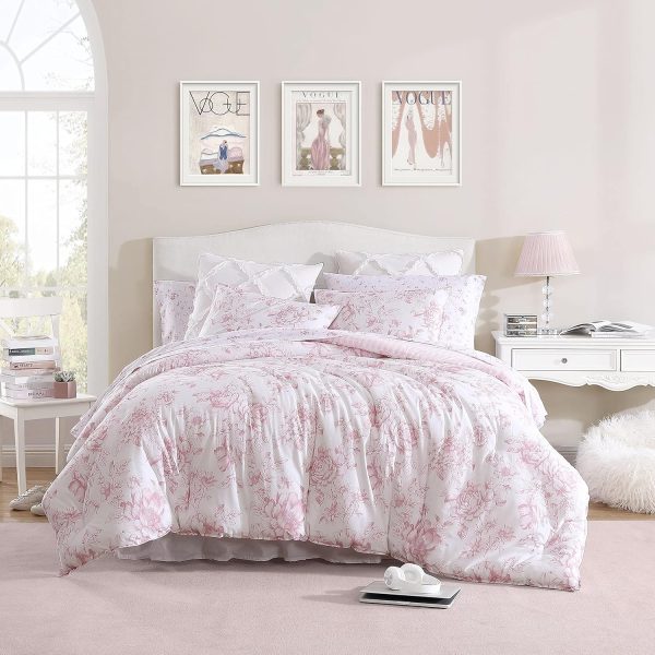 Laura Ashley- Twin XL Comforter Set, Reversible Cotton Bedding with Matching Sham(s), Dorm Essentials (Delphine Mauve Pink)