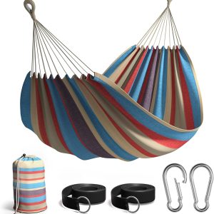 Sorbus® Brazilian Double Hammock - Extra-Long Two Person Portable Hammock Bed for Indoor or Outdoor Spaces - Hanging Rope, Carrying Pouch Included (Blue/Sand/Purple/Red Stripes)