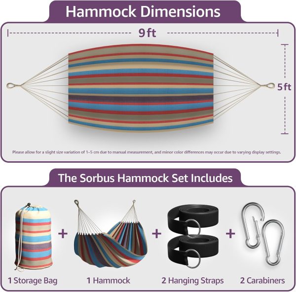 Sorbus® Brazilian Double Hammock - Extra-Long Two Person Portable Hammock Bed for Indoor or Outdoor Spaces - Hanging Rope, Carrying Pouch Included (Blue/Sand/Purple/Red Stripes) - Image 3