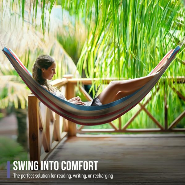 Sorbus® Brazilian Double Hammock - Extra-Long Two Person Portable Hammock Bed for Indoor or Outdoor Spaces - Hanging Rope, Carrying Pouch Included (Blue/Sand/Purple/Red Stripes) - Image 4