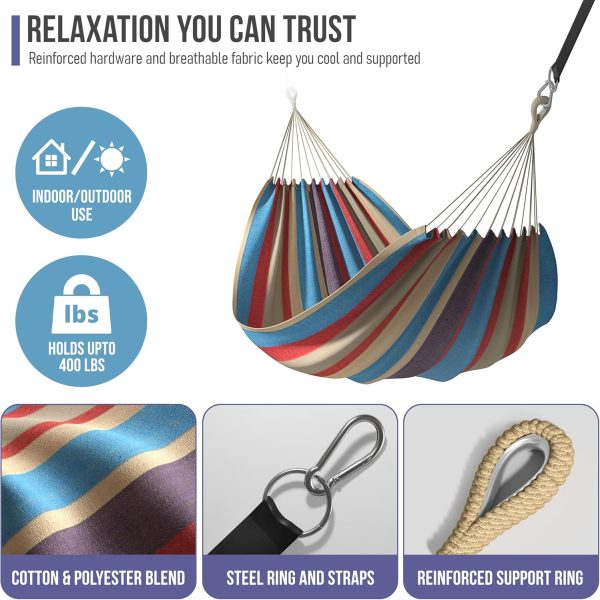 Sorbus® Brazilian Double Hammock - Extra-Long Two Person Portable Hammock Bed for Indoor or Outdoor Spaces - Hanging Rope, Carrying Pouch Included (Blue/Sand/Purple/Red Stripes) - Image 5