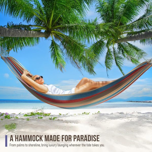 Sorbus® Brazilian Double Hammock - Extra-Long Two Person Portable Hammock Bed for Indoor or Outdoor Spaces - Hanging Rope, Carrying Pouch Included (Blue/Sand/Purple/Red Stripes) - Image 7