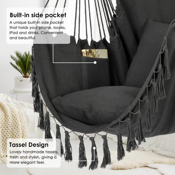 Y- STOP Hammock Chair Hanging Rope Swing, Max 500 Lbs, 2 Cushions Included, Large Macrame Hanging Chair with Pocket, Cotton Weave for Superior Comfort, Durability (Dark Grey) - Image 2