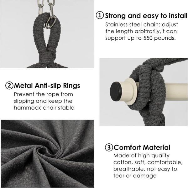 Y- STOP Hammock Chair Hanging Rope Swing, Max 500 Lbs, 2 Cushions Included, Large Macrame Hanging Chair with Pocket, Cotton Weave for Superior Comfort, Durability (Dark Grey) - Image 3