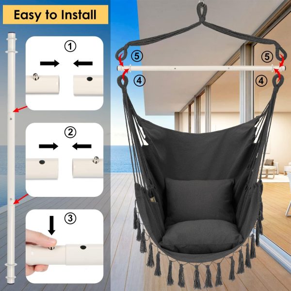Y- STOP Hammock Chair Hanging Rope Swing, Max 500 Lbs, 2 Cushions Included, Large Macrame Hanging Chair with Pocket, Cotton Weave for Superior Comfort, Durability (Dark Grey) - Image 4