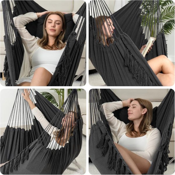 Y- STOP Hammock Chair Hanging Rope Swing, Max 500 Lbs, 2 Cushions Included, Large Macrame Hanging Chair with Pocket, Cotton Weave for Superior Comfort, Durability (Dark Grey) - Image 5