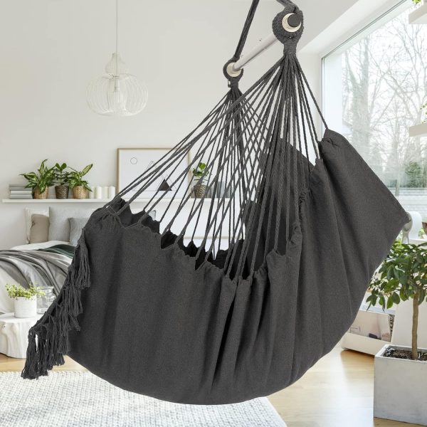 Y- STOP Hammock Chair Hanging Rope Swing, Max 500 Lbs, 2 Cushions Included, Large Macrame Hanging Chair with Pocket, Cotton Weave for Superior Comfort, Durability (Dark Grey) - Image 6