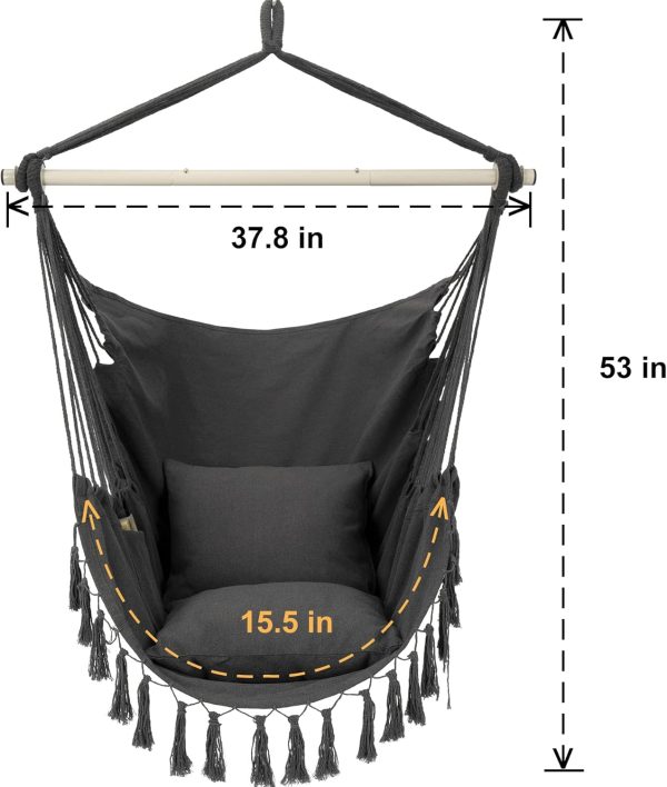 Y- STOP Hammock Chair Hanging Rope Swing, Max 500 Lbs, 2 Cushions Included, Large Macrame Hanging Chair with Pocket, Cotton Weave for Superior Comfort, Durability (Dark Grey) - Image 7