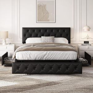 Yaheetech Queen Bed Frame Upholstered Bed Frame with Adjustable Diamond Button-Tufted Headboard/3 Drawers Storage, Queen Platform Bed/Strong Wooden Slats, Black Queen Bed
