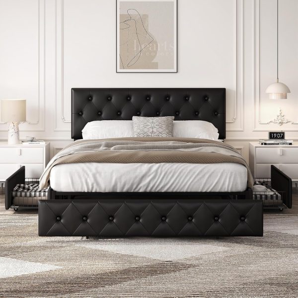 Yaheetech Queen Bed Frame Upholstered Bed Frame with Adjustable Diamond Button-Tufted Headboard/3 Drawers Storage, Queen Platform Bed/Strong Wooden Slats, Black Queen Bed