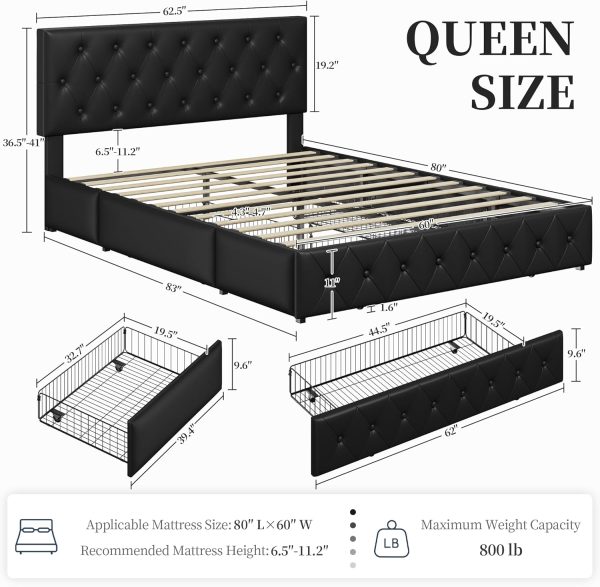 Yaheetech Queen Bed Frame Upholstered Bed Frame with Adjustable Diamond Button-Tufted Headboard/3 Drawers Storage, Queen Platform Bed/Strong Wooden Slats, Black Queen Bed - Image 2