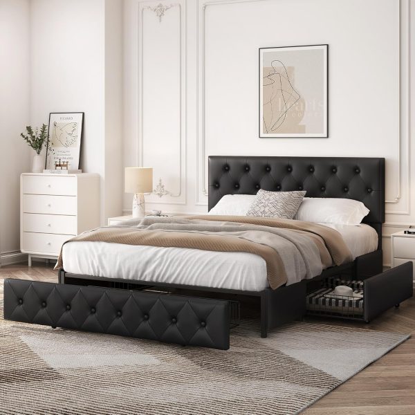 Yaheetech Queen Bed Frame Upholstered Bed Frame with Adjustable Diamond Button-Tufted Headboard/3 Drawers Storage, Queen Platform Bed/Strong Wooden Slats, Black Queen Bed - Image 3