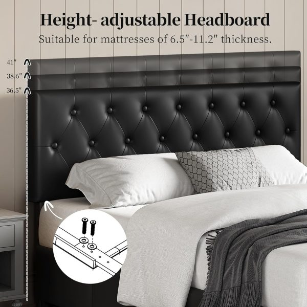 Yaheetech Queen Bed Frame Upholstered Bed Frame with Adjustable Diamond Button-Tufted Headboard/3 Drawers Storage, Queen Platform Bed/Strong Wooden Slats, Black Queen Bed - Image 4