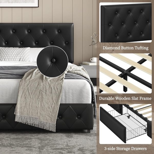 Yaheetech Queen Bed Frame Upholstered Bed Frame with Adjustable Diamond Button-Tufted Headboard/3 Drawers Storage, Queen Platform Bed/Strong Wooden Slats, Black Queen Bed - Image 7